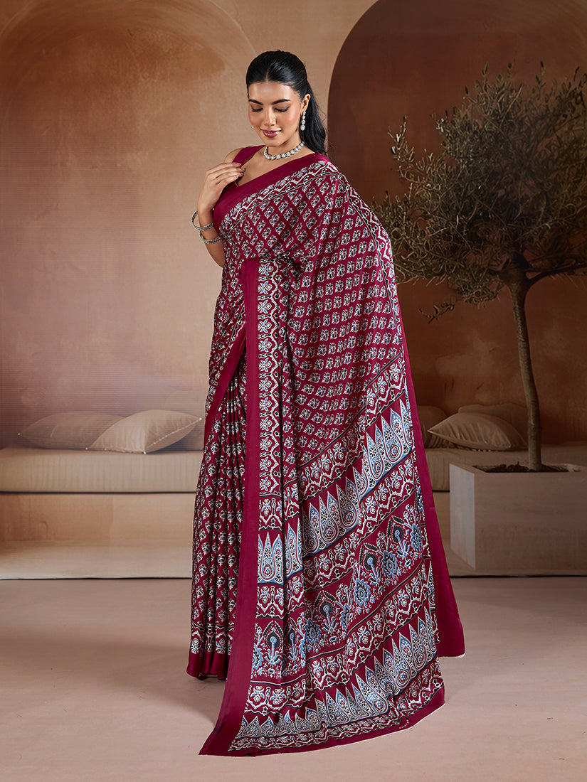 Monjolika Fashion Maroon Printed Satin Saree