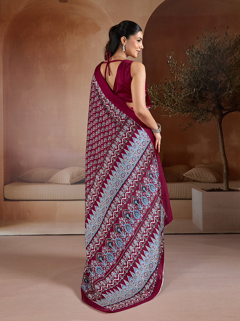 Monjolika Fashion Maroon Printed Satin Saree