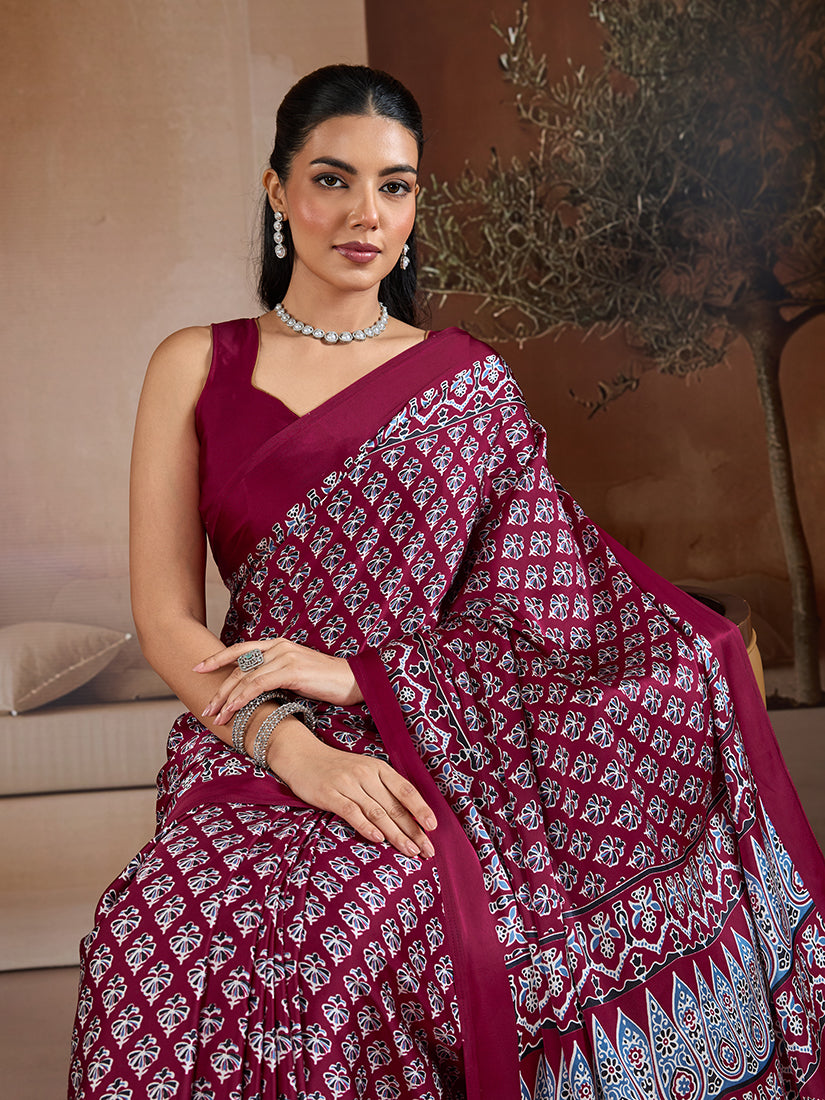 Monjolika Fashion Maroon Printed Satin Saree