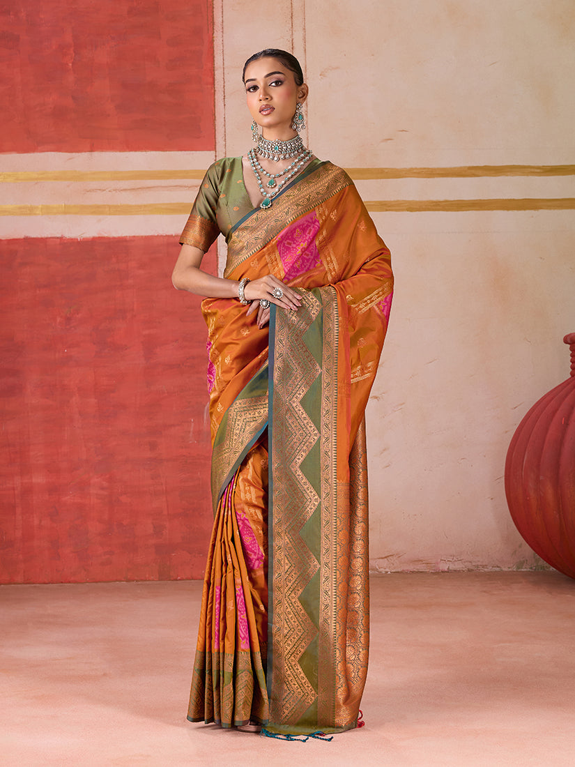 Monjolika Fashion Silk Blend woven Work Orange Saree