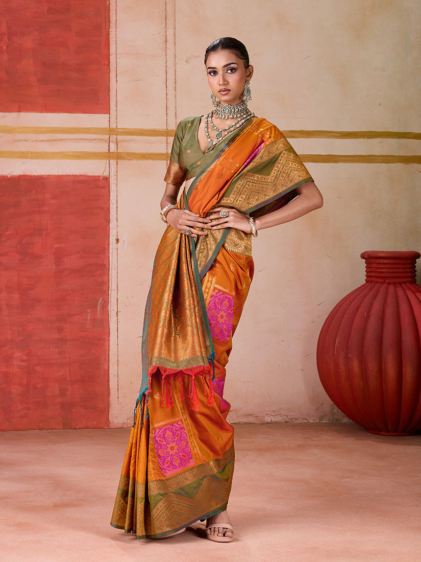 Monjolika Fashion Silk Blend woven Work Orange Saree