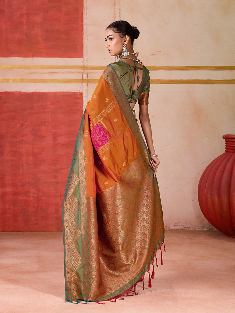 Monjolika Fashion Silk Blend woven Work Orange Saree