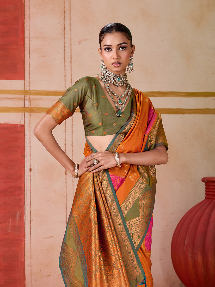 Monjolika Fashion Silk Blend woven Work Orange Saree