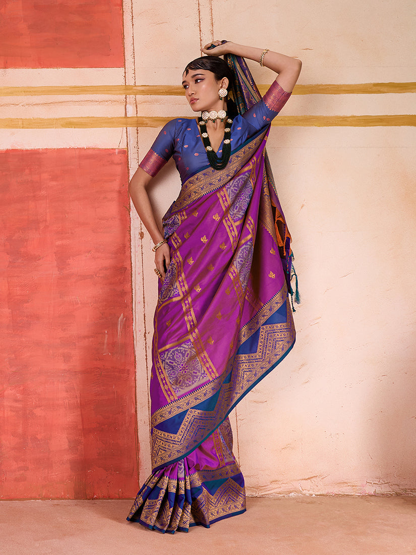 Monjolika Fashion Silk Blend woven Work Magenta Saree
