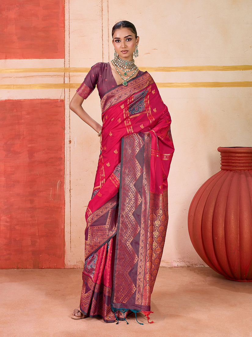 Monjolika Fashion Silk Blend woven Work Rani Pink Saree