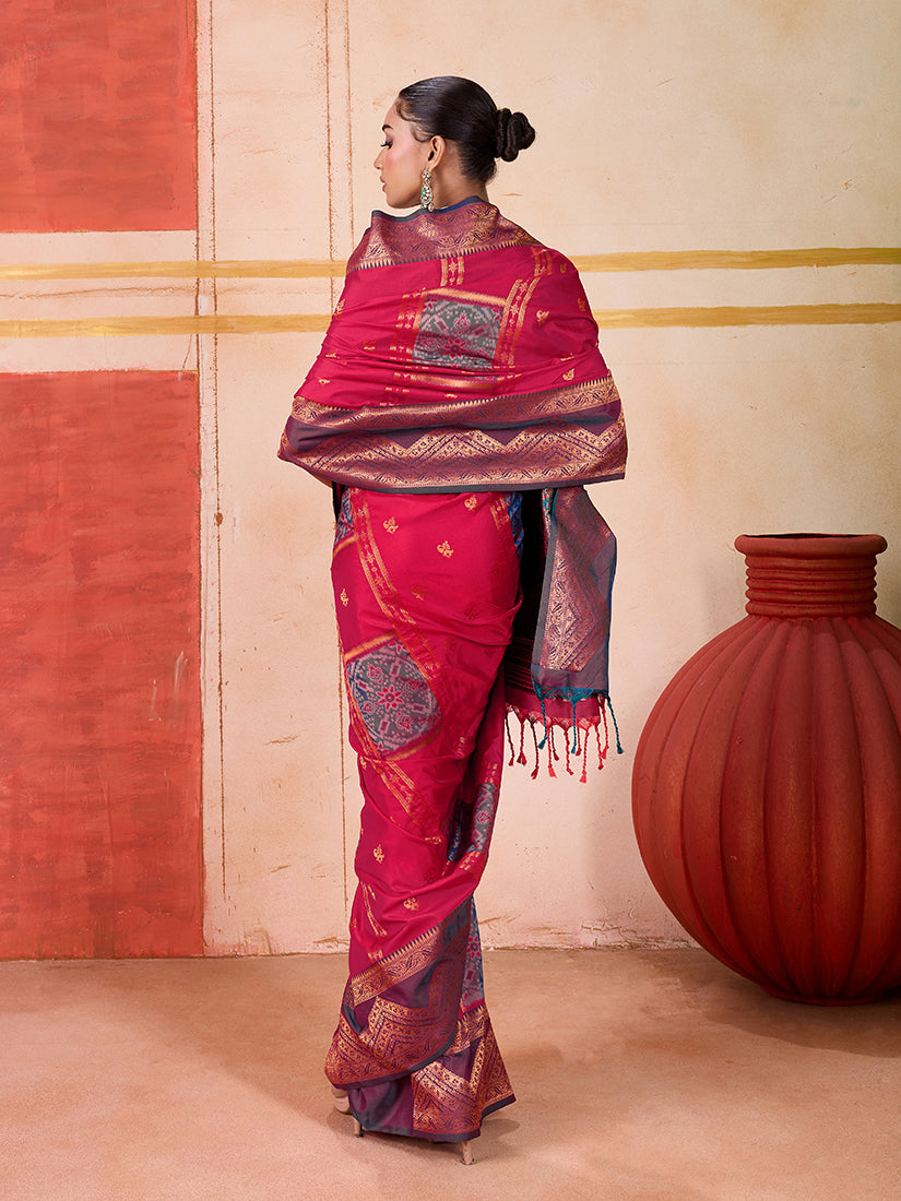 Monjolika Fashion Silk Blend woven Work Rani Pink Saree