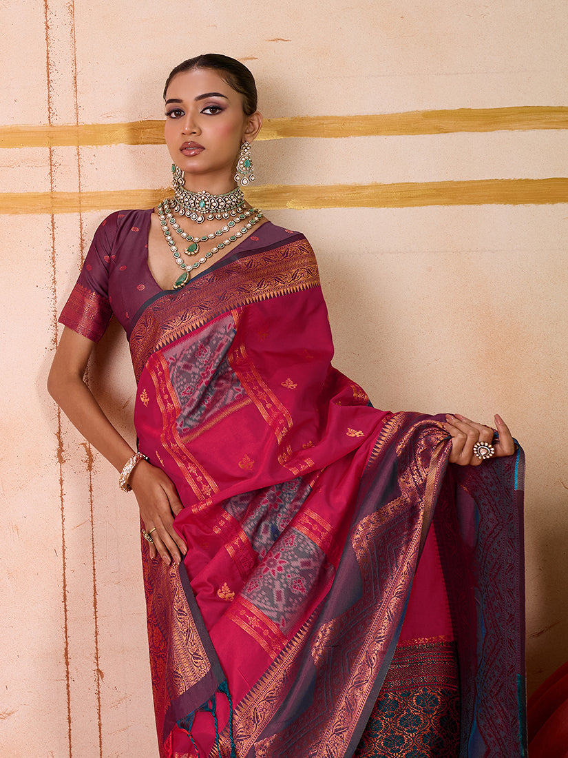 Monjolika Fashion Silk Blend woven Work Rani Pink Saree