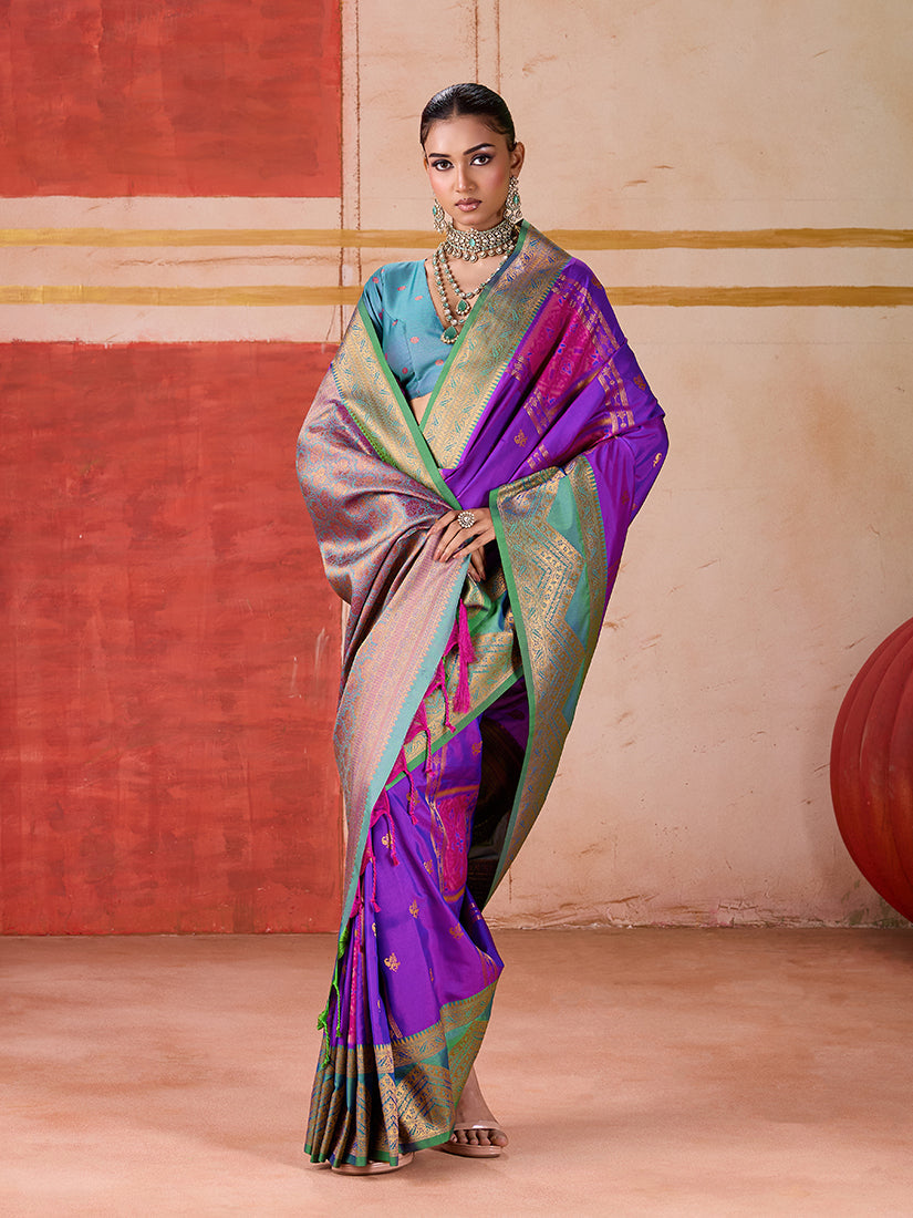 Monjolika Fashion Silk Blend woven Work Purple Saree