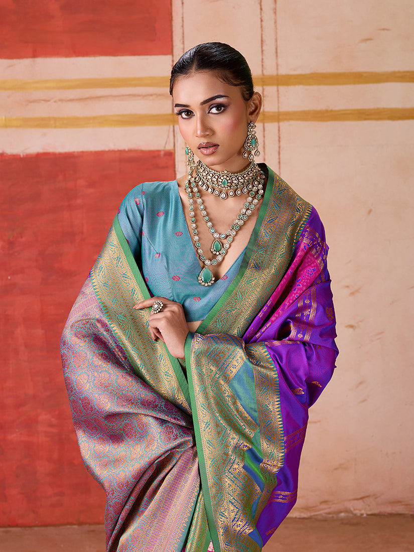 Monjolika Fashion Silk Blend woven Work Purple Saree