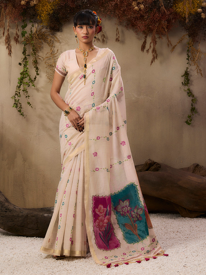 Monjolika Fashion Cotton Blend woven Cream Saree