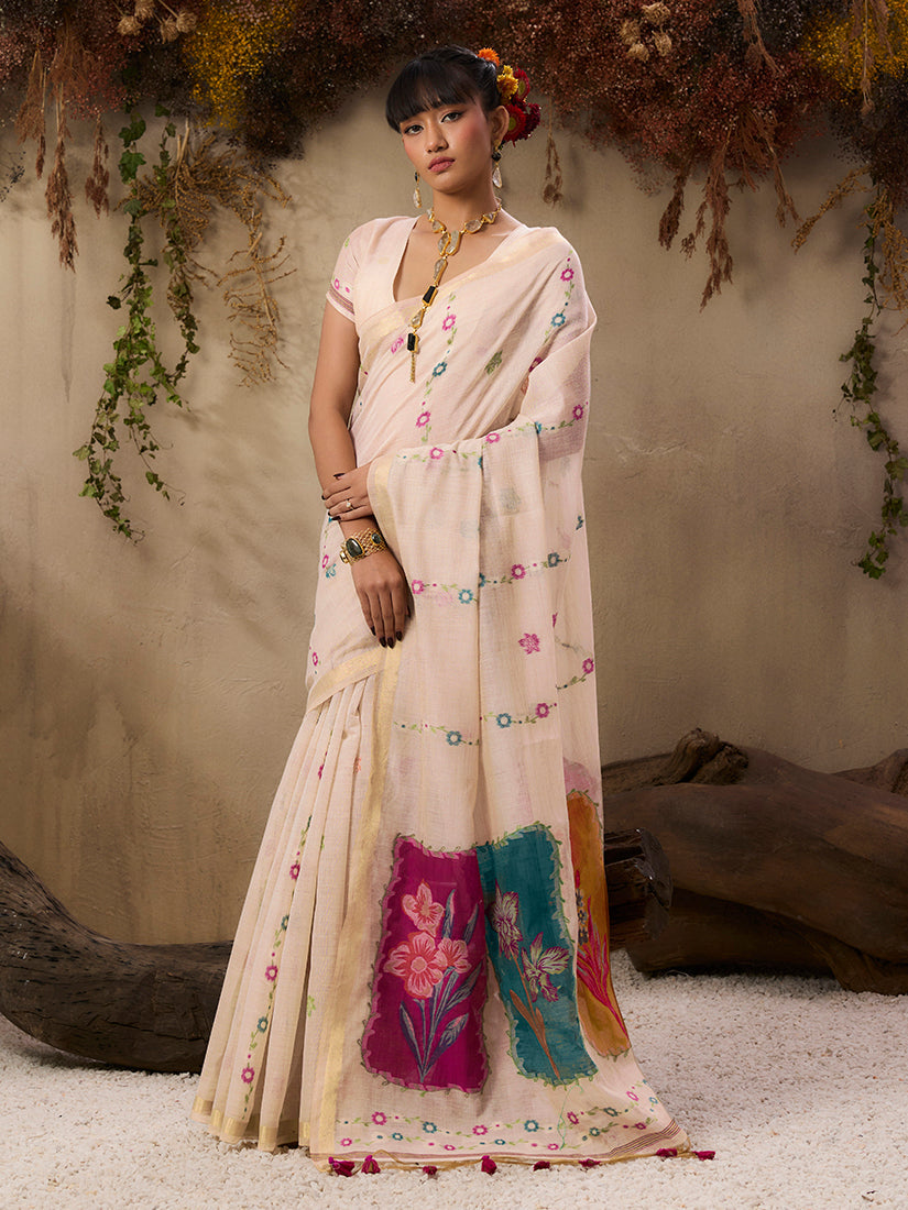Monjolika Fashion Cotton Blend woven Cream Saree