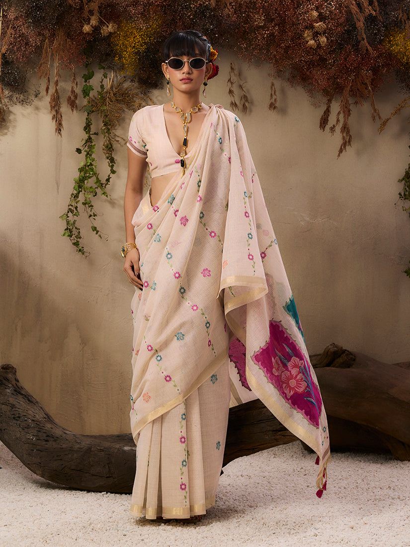 Monjolika Fashion Cotton Blend woven Cream Saree