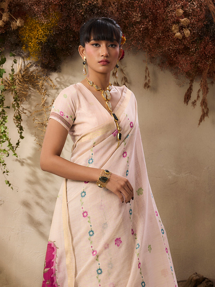 Monjolika Fashion Cotton Blend woven Cream Saree