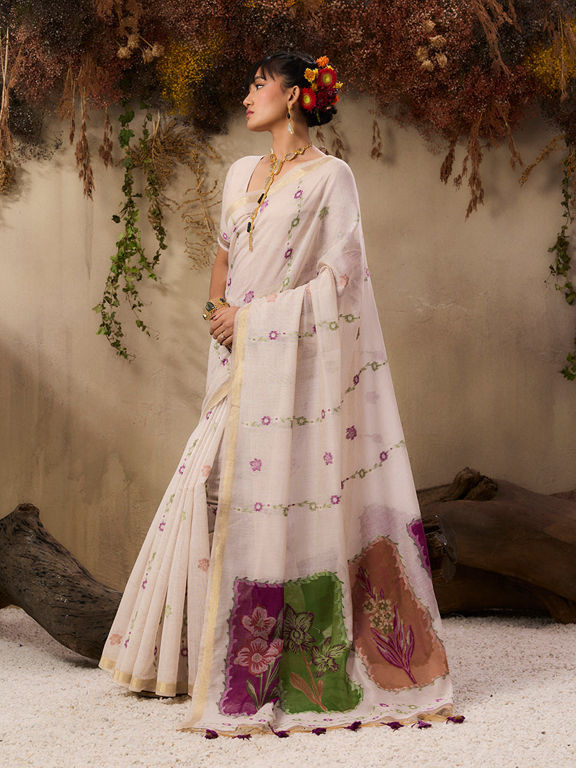 Monjolika Fashion Cotton Blend woven Cream Saree