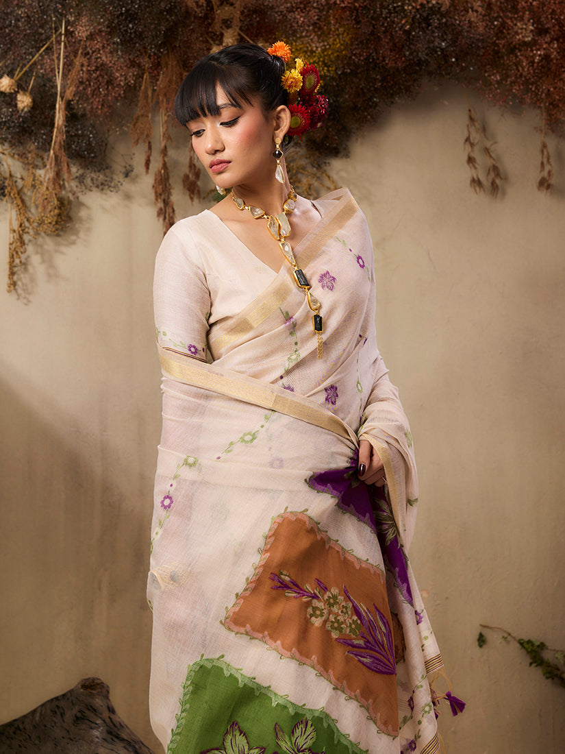 Monjolika Fashion Cotton Blend woven Cream Saree