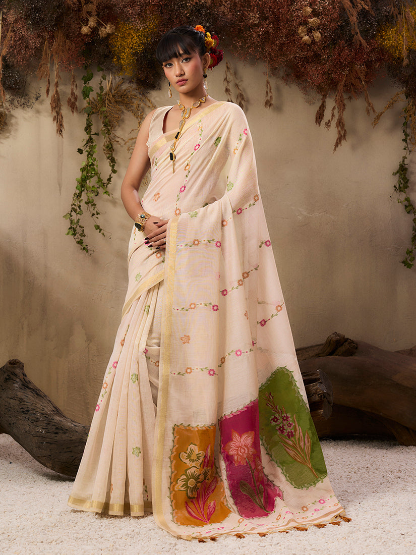 Monjolika Fashion Cotton Blend woven Cream Saree