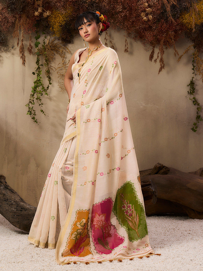 Monjolika Fashion Cotton Blend woven Cream Saree