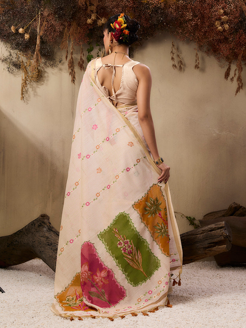 Monjolika Fashion Cotton Blend woven Cream Saree