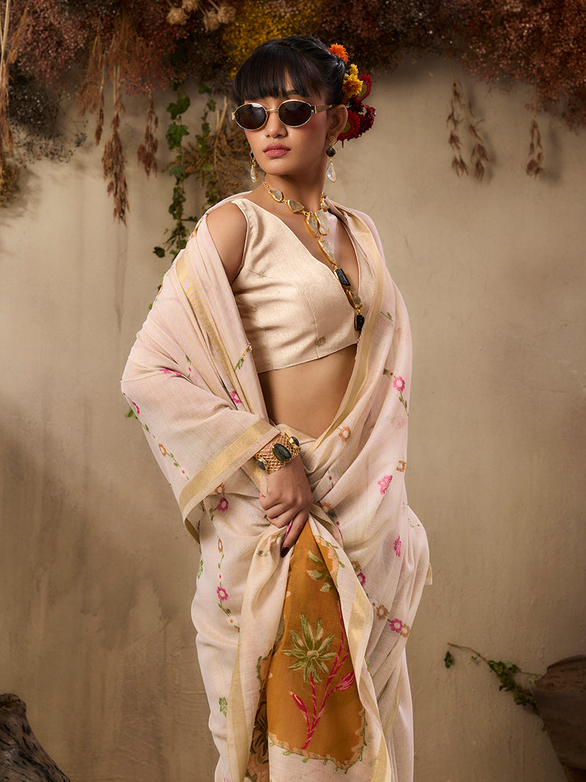 Monjolika Fashion Cotton Blend woven Cream Saree