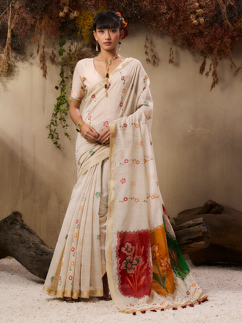 Monjolika Fashion Cotton Blend woven Cream Saree