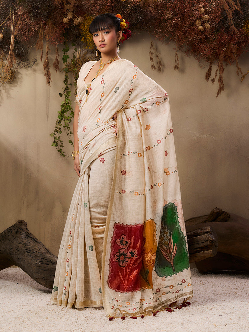Monjolika Fashion Cotton Blend woven Cream Saree