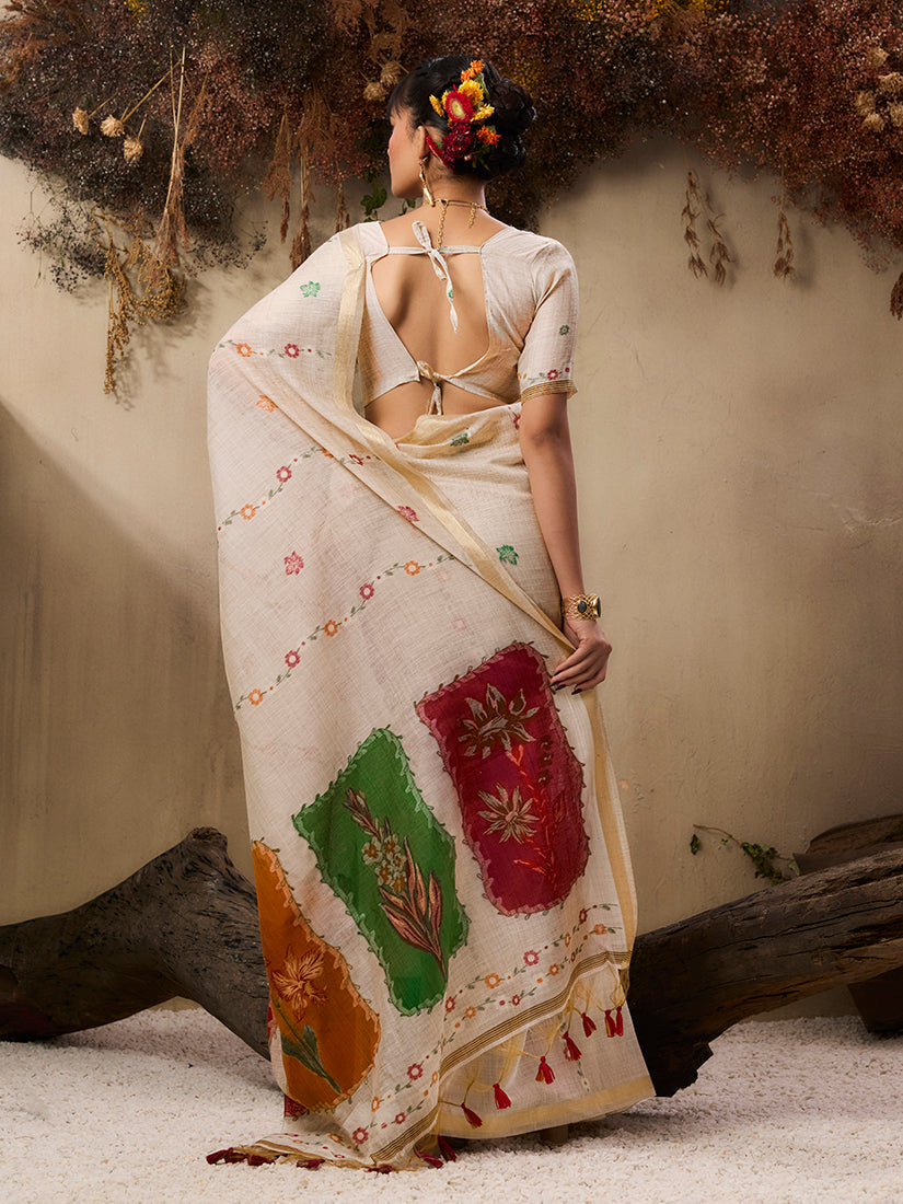 Monjolika Fashion Cotton Blend woven Cream Saree