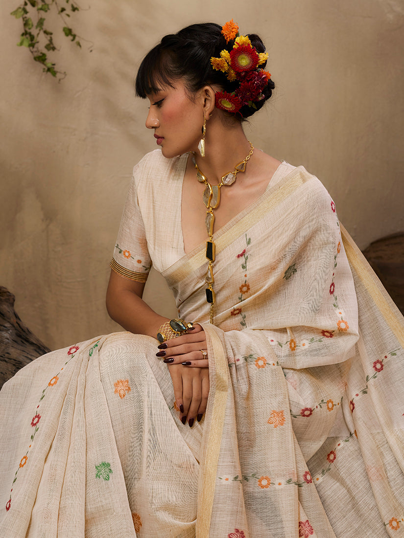 Monjolika Fashion Cotton Blend woven Cream Saree