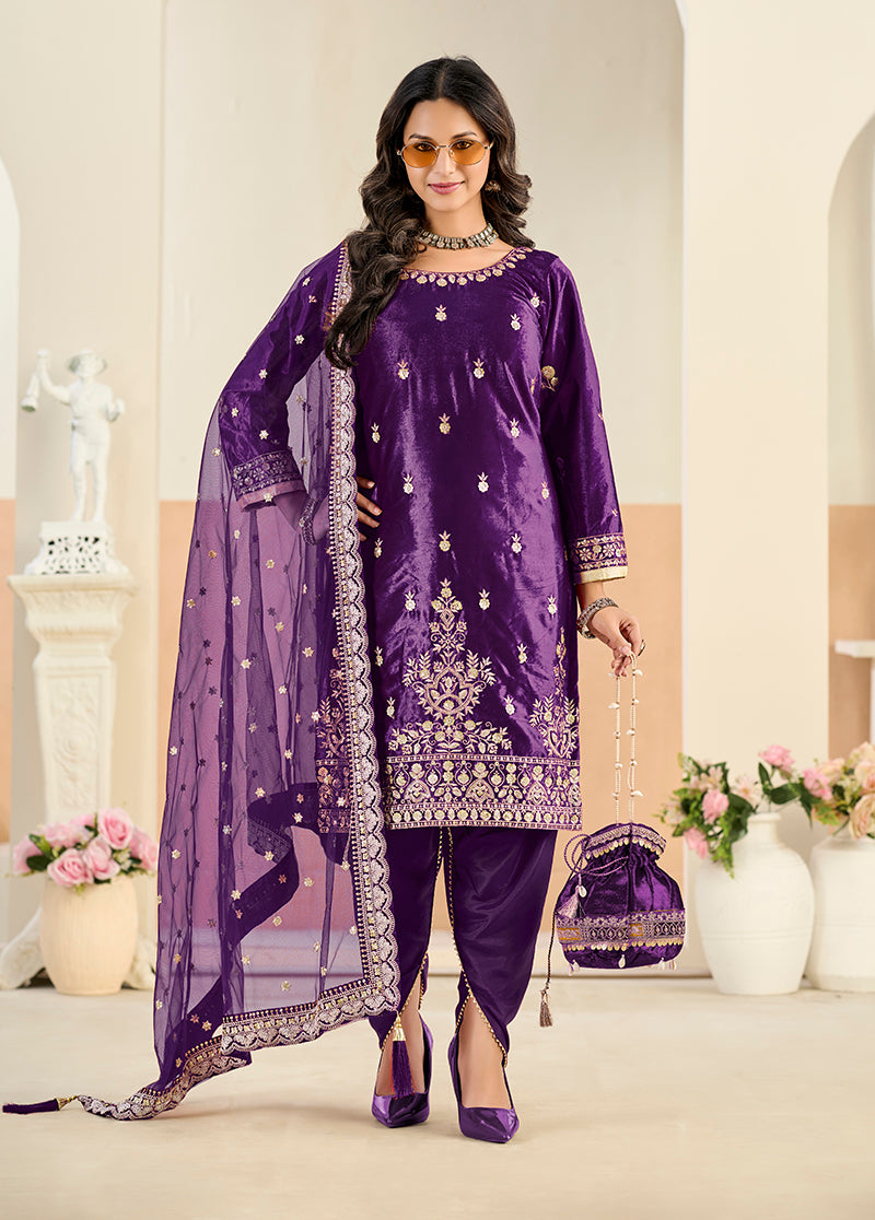 Monjolika Fashion Purple Velvet Embroidered Salwar Kameez