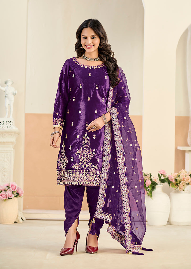 Monjolika Fashion Purple Velvet Embroidered Salwar Kameez