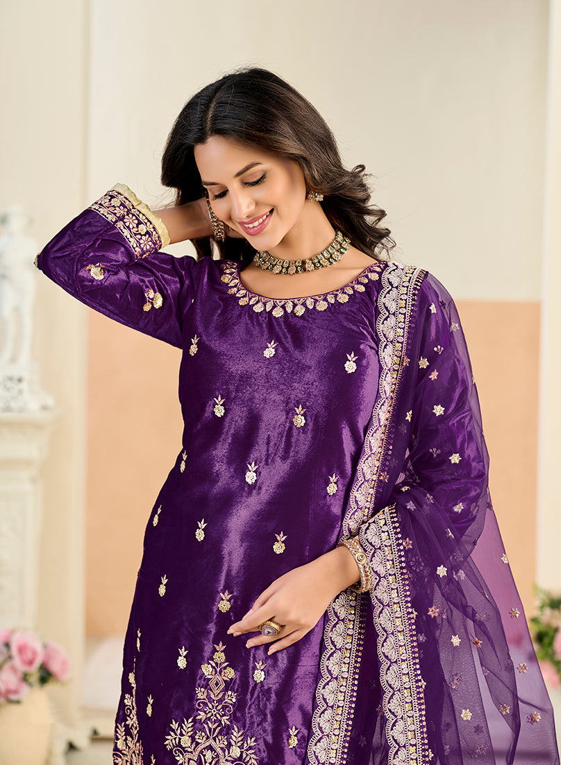 Monjolika Fashion Purple Velvet Embroidered Salwar Kameez
