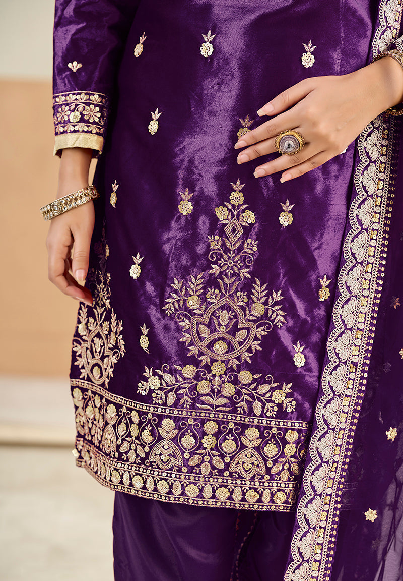 Monjolika Fashion Purple Velvet Embroidered Salwar Kameez