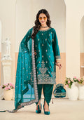 Monjolika Fashion Teal Velvet Embroidered Salwar Kameez