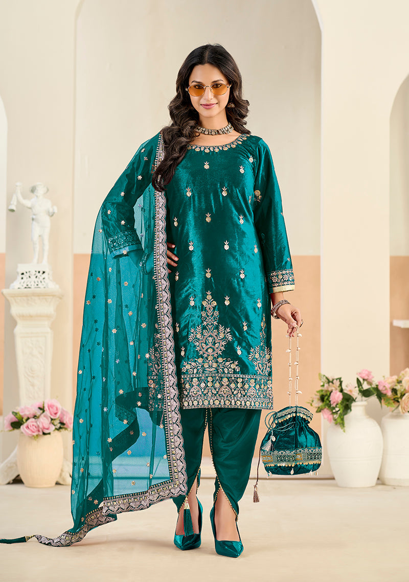 Monjolika Fashion Teal Velvet Embroidered Salwar Kameez
