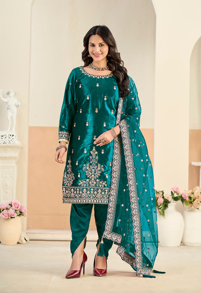 Monjolika Fashion Teal Velvet Embroidered Salwar Kameez