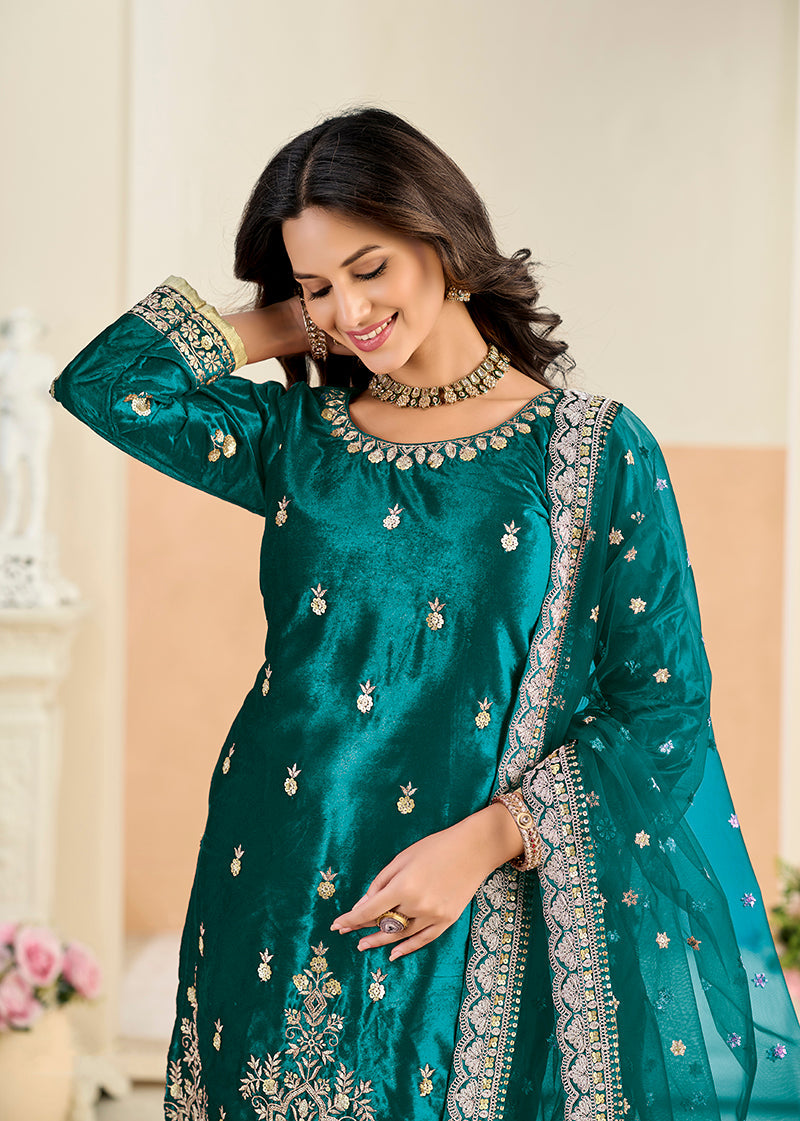 Monjolika Fashion Teal Velvet Embroidered Salwar Kameez