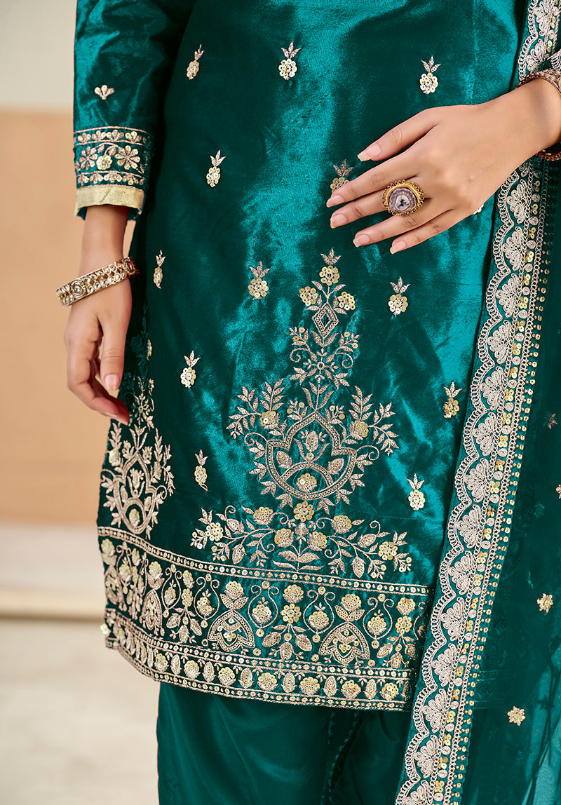 Monjolika Fashion Teal Velvet Embroidered Salwar Kameez