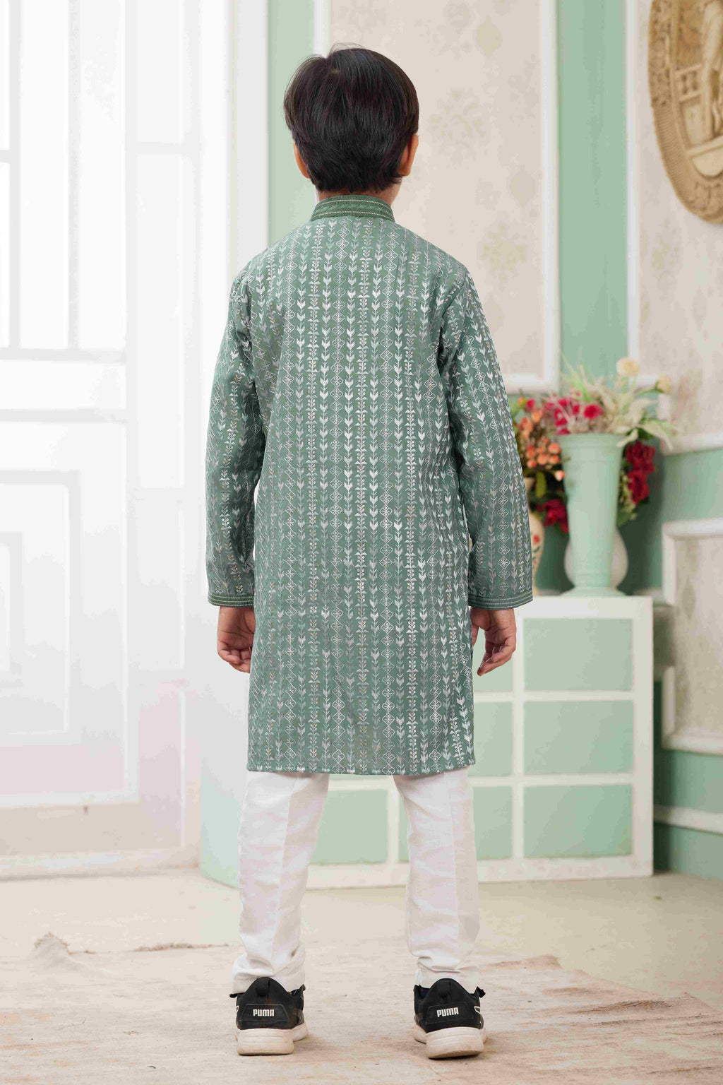 Raivat Ethnic Art Silk Embroidery Work Kids Kurta Pajama In Green Colour