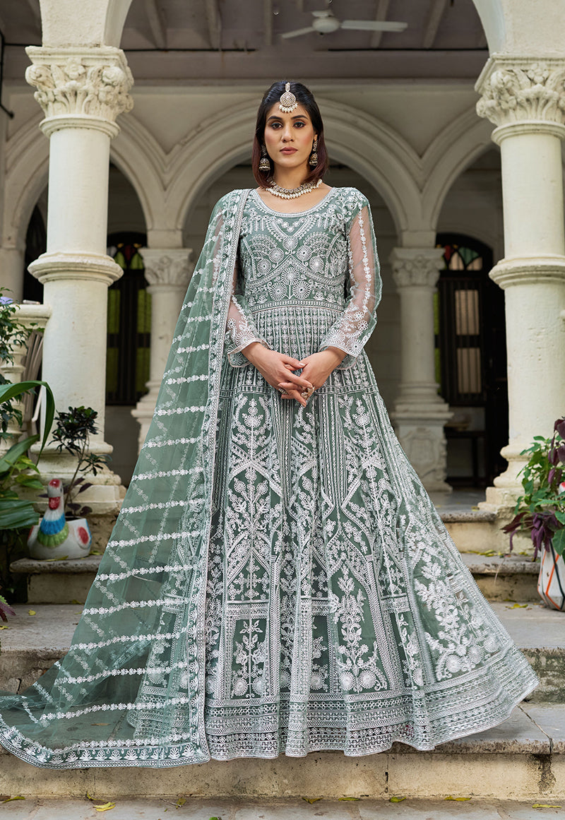 Monjolika Fashion Sea Green Embroidered Net Gown with Dupatta