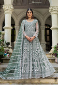Monjolika Fashion Sea Green Embroidered Net Gown with Dupatta