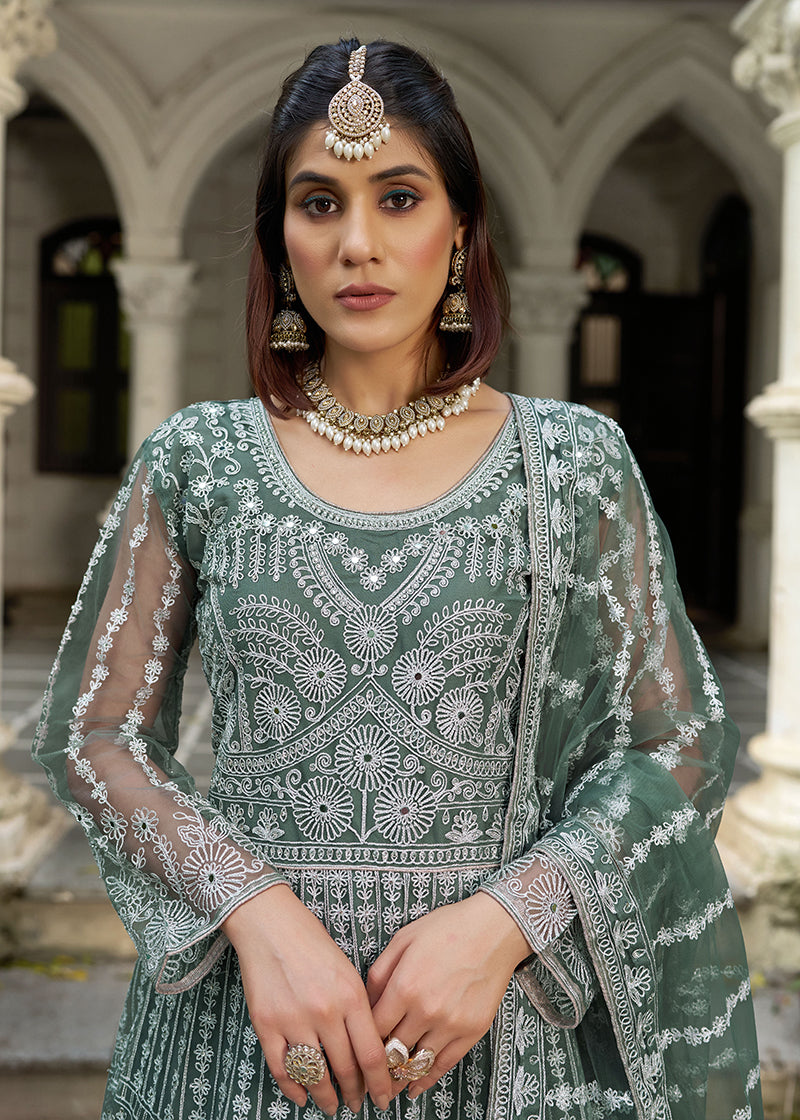 Monjolika Fashion Sea Green Embroidered Net Gown with Dupatta
