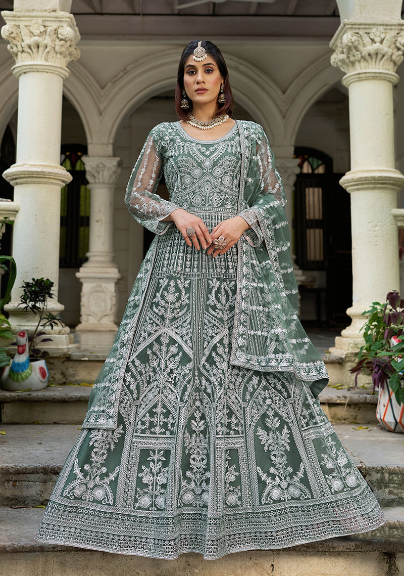 Monjolika Fashion Sea Green Embroidered Net Gown with Dupatta
