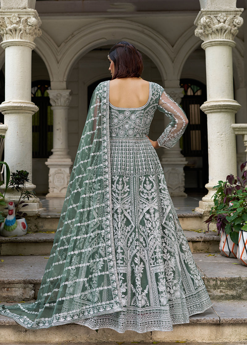 Monjolika Fashion Sea Green Embroidered Net Gown with Dupatta