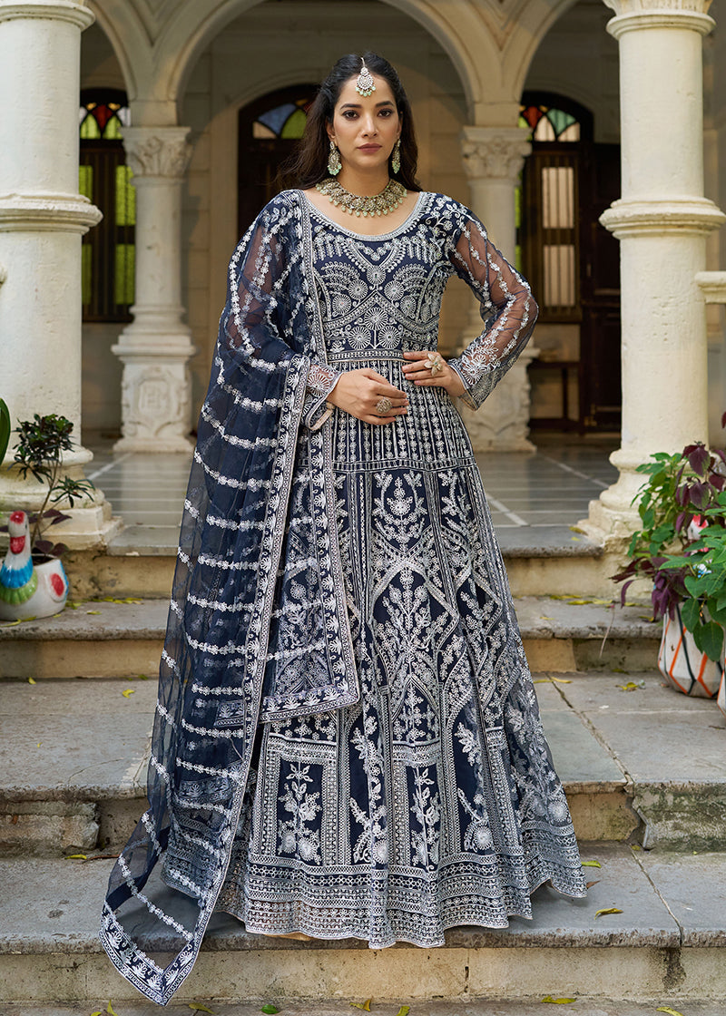 Monjolika Fashion Navy Blue Embroidered Net Gown with Dupatta