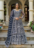 Monjolika Fashion Navy Blue Embroidered Net Gown with Dupatta