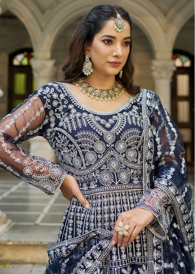Monjolika Fashion Navy Blue Embroidered Net Gown with Dupatta