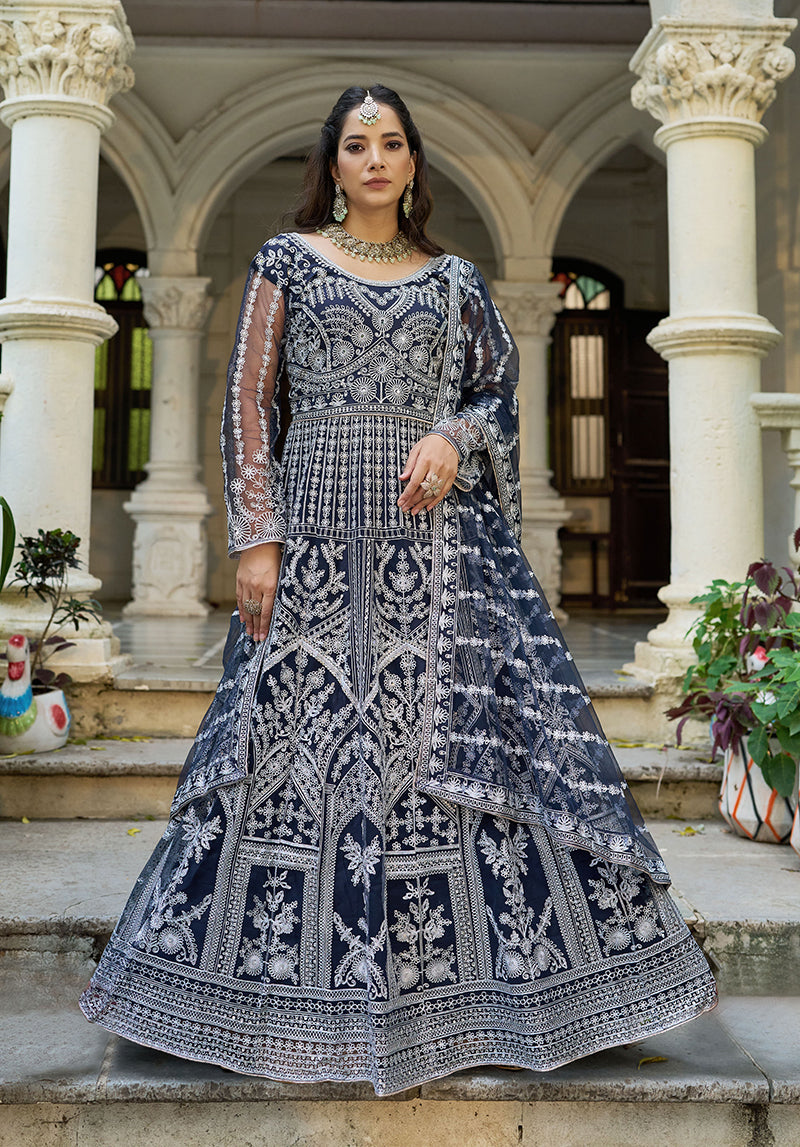 Monjolika Fashion Navy Blue Embroidered Net Gown with Dupatta