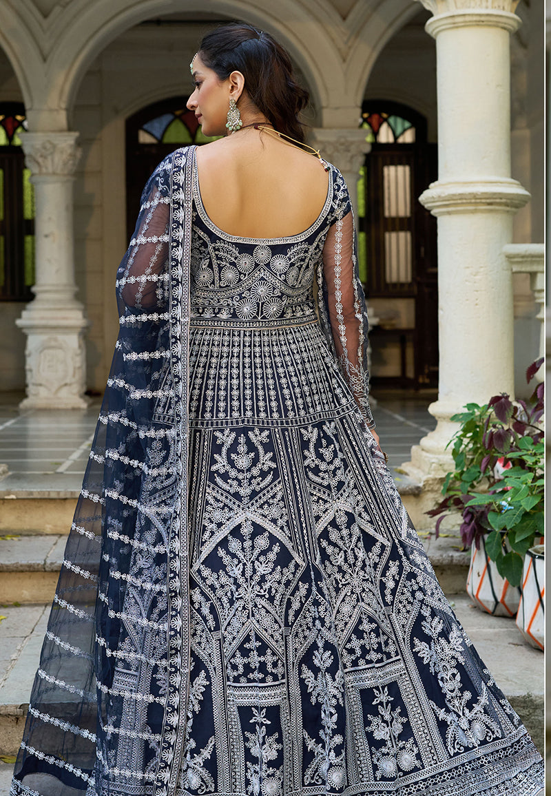 Monjolika Fashion Navy Blue Embroidered Net Gown with Dupatta