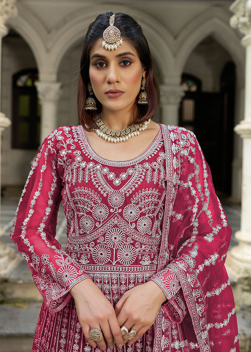Monjolika Fashion Rani Pink Embroidered Net Gown with Dupatta