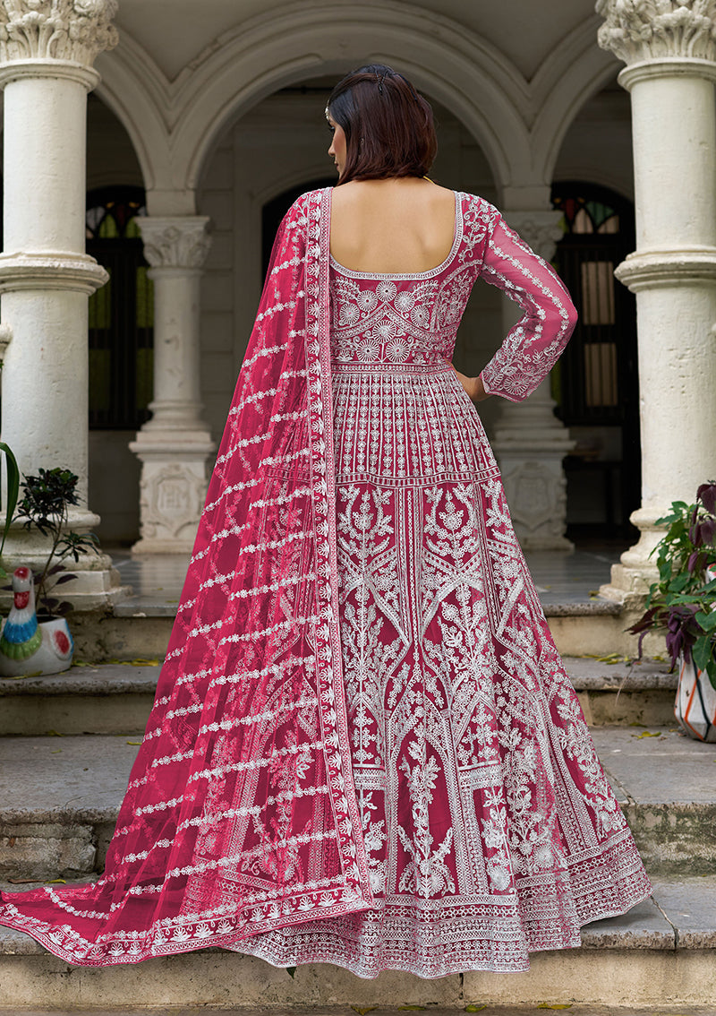Monjolika Fashion Rani Pink Embroidered Net Gown with Dupatta