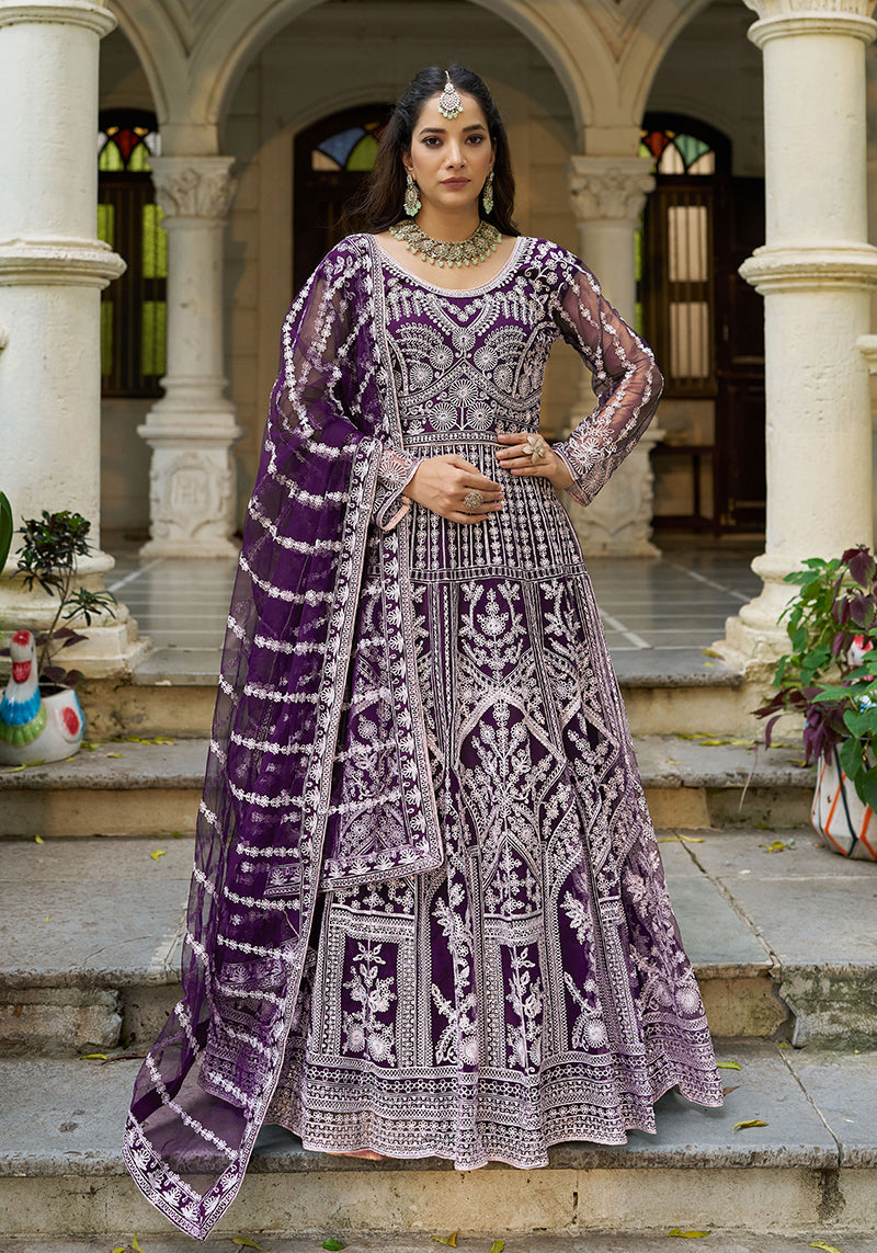 Monjolika Fashion Purple Embroidered Net Gown with Dupatta